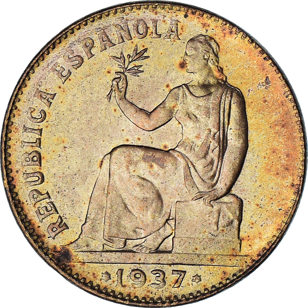 Spain, 50 Centimos, 1937, MS(63), Copper, KM:754