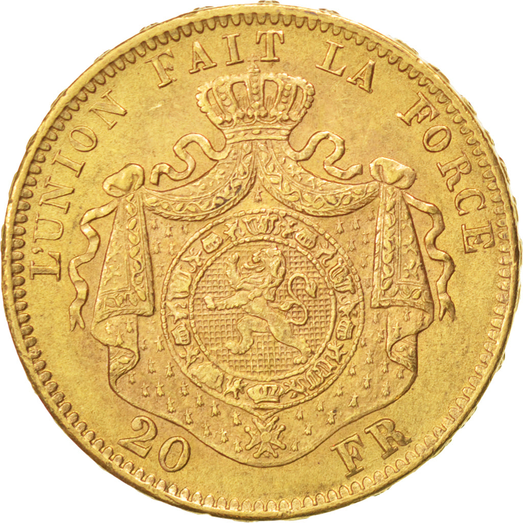 BELGIUM, 20 Francs, 20 Frank, 1871, KM #37, AU(55-58), Gold, 6.49