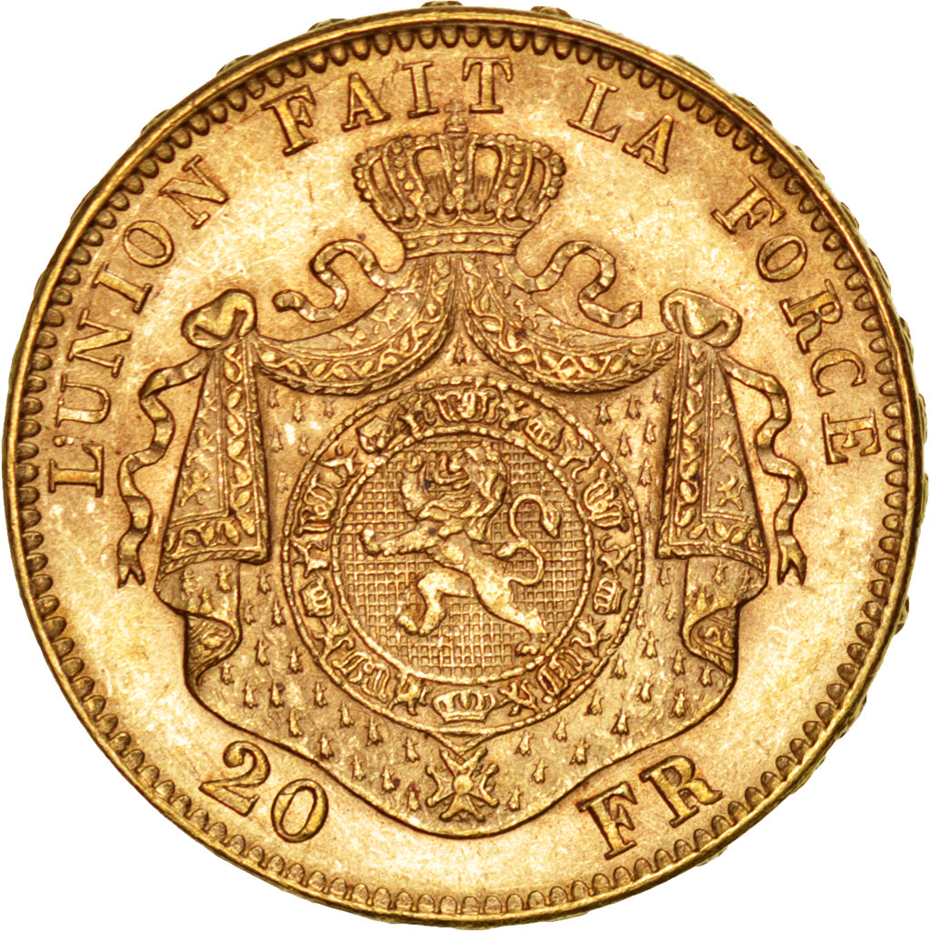 BELGIUM, 20 Francs, 20 Frank, 1874, KM #37, AU(55-58), Gold, 6.46