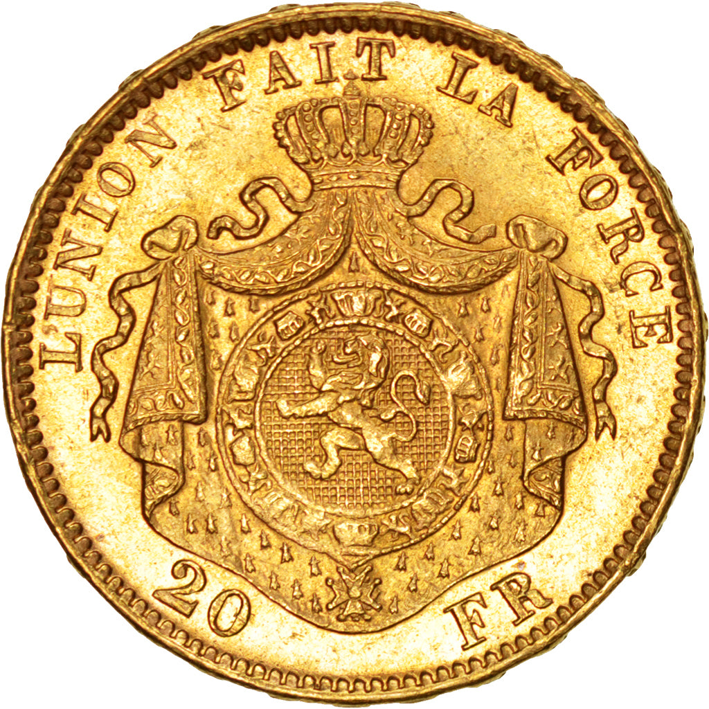 BELGIUM, 20 Francs, 20 Frank, 1876, KM #37, AU(55-58), Gold, 6.46