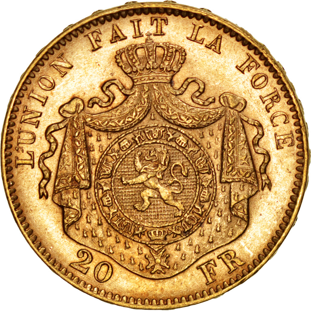 BELGIUM, 20 Francs, 20 Frank, 1877, KM #37, AU(55-58), Gold, 6.48