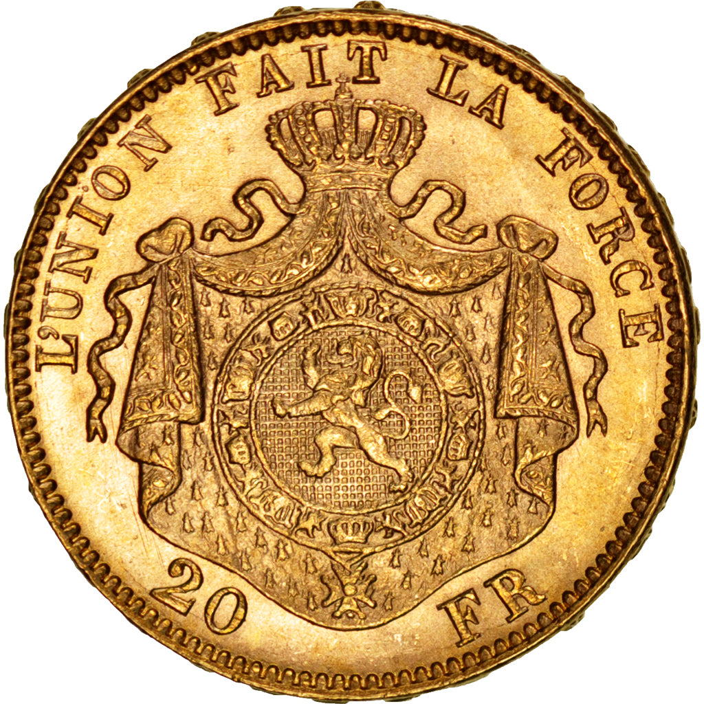 BELGIUM, 20 Francs, 20 Frank, 1882, KM #37, MS(63), Gold, 6.46