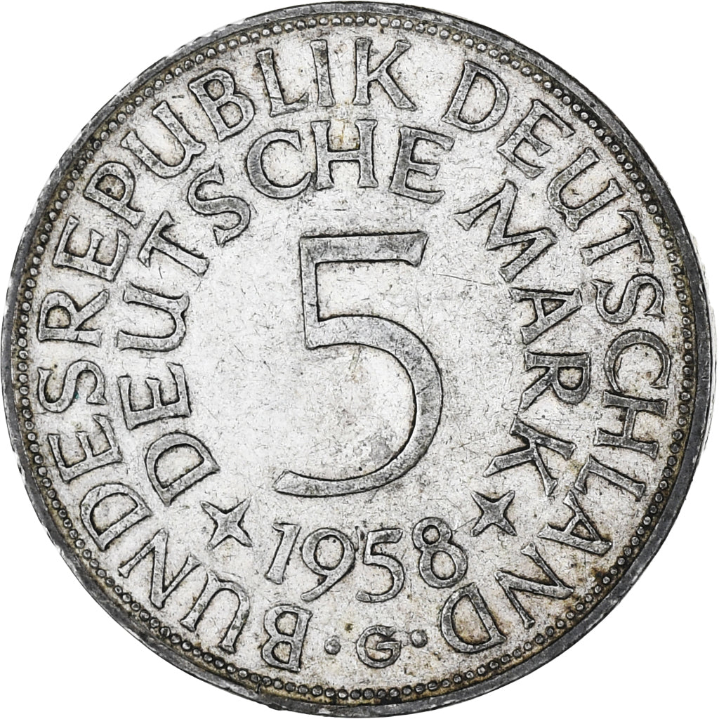 GERMANY - FEDERAL REPUBLIC, 5 Mark, 1958, Karlsruhe, EF(40-45), Silver