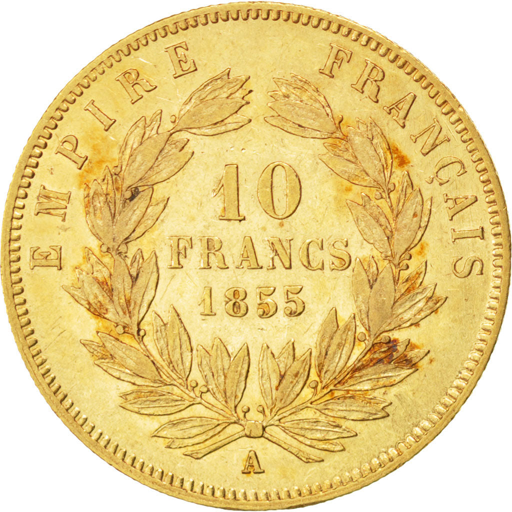 FRANCE, Napoléon III, 10 Francs, 1855, Paris, KM #784.3, AU(50-53), Gold, Gadour