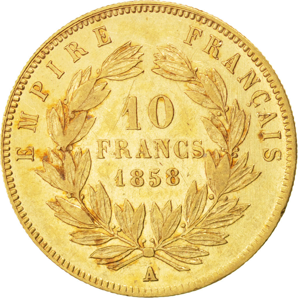 FRANCE, Napoléon III, 10 Francs, 1858, Paris, KM #784.3, AU(50-53), Gold, Gadour