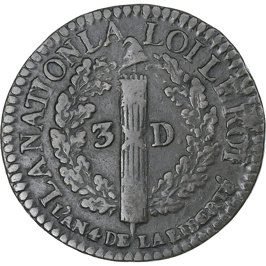 Francia, Louis XVI, 3 Deniers françois, 1792 / AN 4, Lyon, MBC, Cobre
