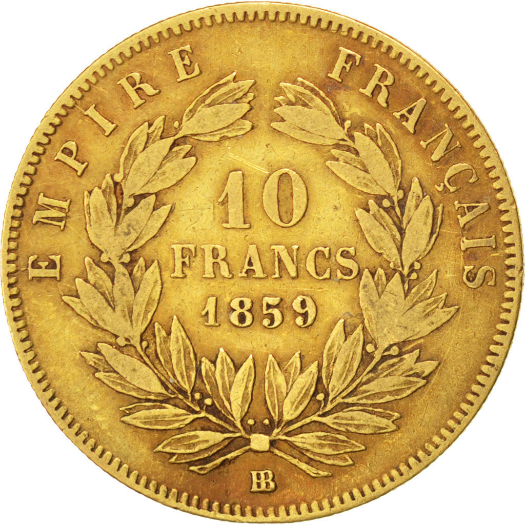FRANCE, Napoléon III, 10 Francs, 1859, Strasbourg, KM #784.4, VF(30-35), Gold, G