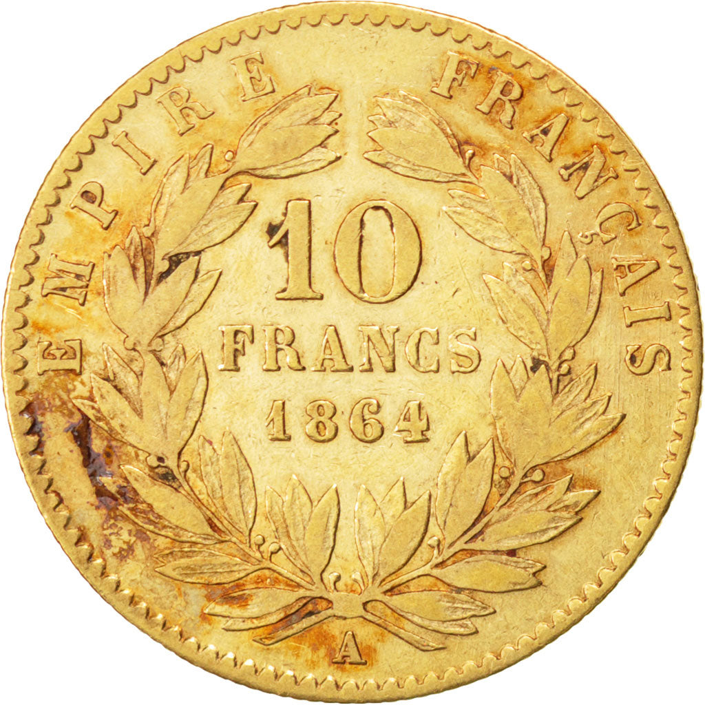 Francia, Napoleon III, Napoléon III, 10 Francs, 1864, Paris, MB+, Oro, KM:80...