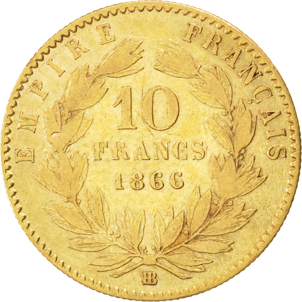 FRANCE, Napoléon III, 10 Francs, 1866, Strasbourg, KM #800.2, VF(20-25), Gold, G