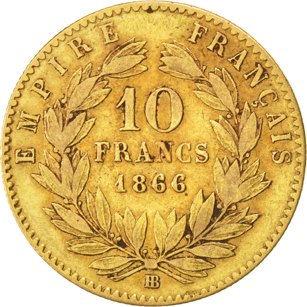 FRANCE, Napoléon III, 10 Francs, 1866, Strasbourg, KM #800.2, VF(20-25), Gold, G