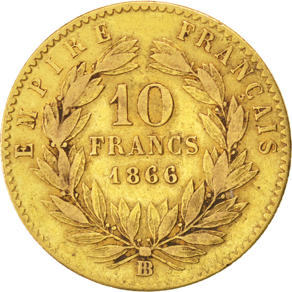 FRANCE, Napoléon III, 10 Francs, 1866, Strasbourg, KM #800.2, VF(30-35), Gold, G