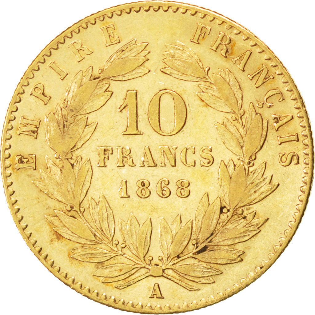 FRANCE, Napoléon III, 10 Francs, 1868, Paris, KM #800.1, AU(50-53), Gold, Gadour