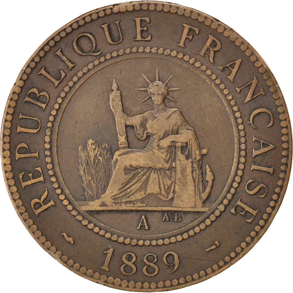 FRENCH INDO-CHINA, Cent, 1889, Paris, KM #1, VF(30-35), Bronze, 31, Lecompte...