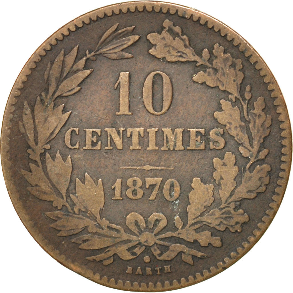 LUXEMBOURG, 10 Centimes, 1870, Utrecht, KM #23.1, VF(20-25), Bronze, 9.76