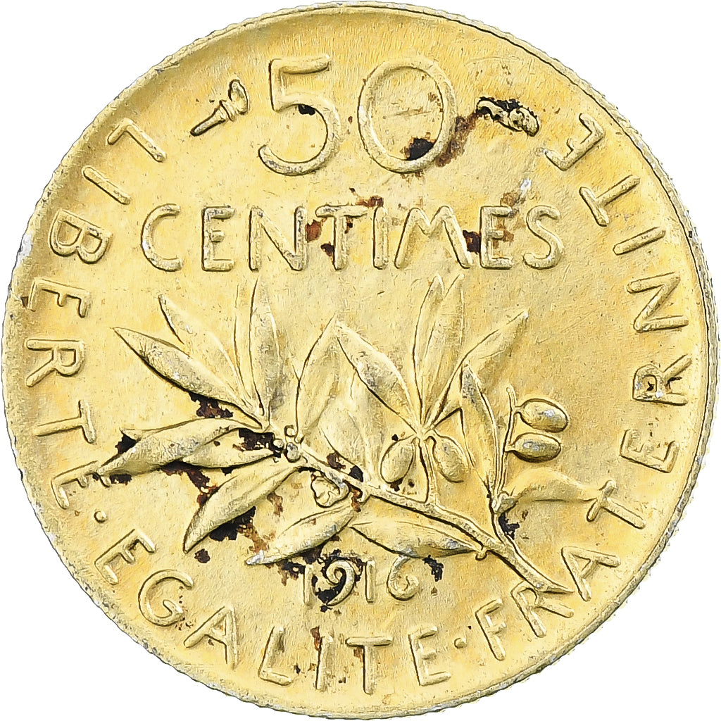 Francia, Semeuse, 50 Centimes, 1916, Paris, SPL-, Gold plated silver, KM:854