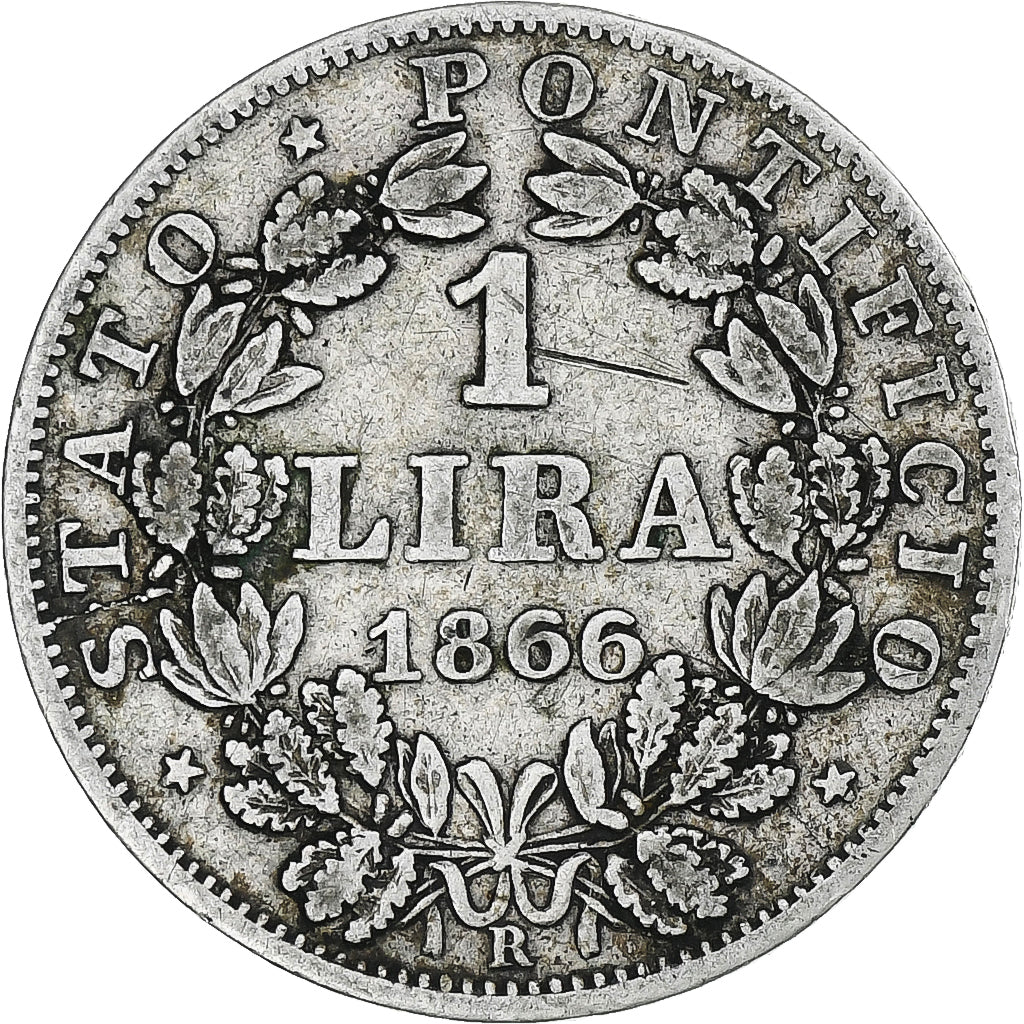 Italy, Papal States, Pius IX, Lira, 1866, Roma, VF(30-35), Silver, KM:1377