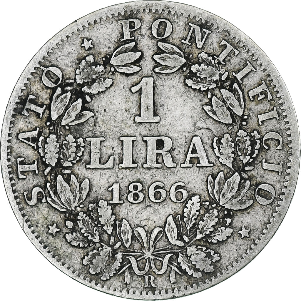 Italy, Papal States, Pius IX, Lira, 1866, Roma, VF(30-35), Silver, KM:1378
