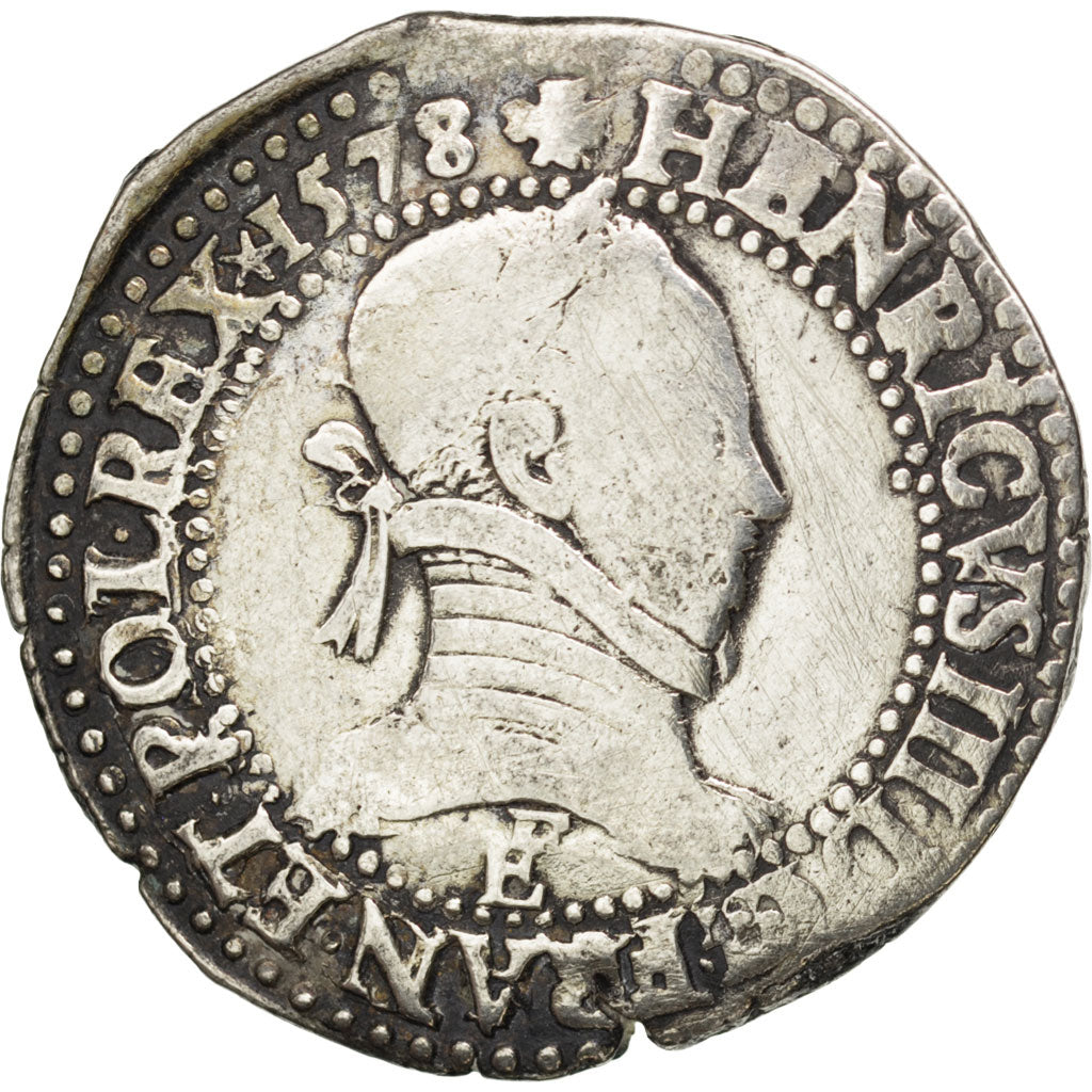 FRANCE, Franc au Col Plat, 1578, Tours, VF(20-25), Silver, Sombart #4714, 13.76
