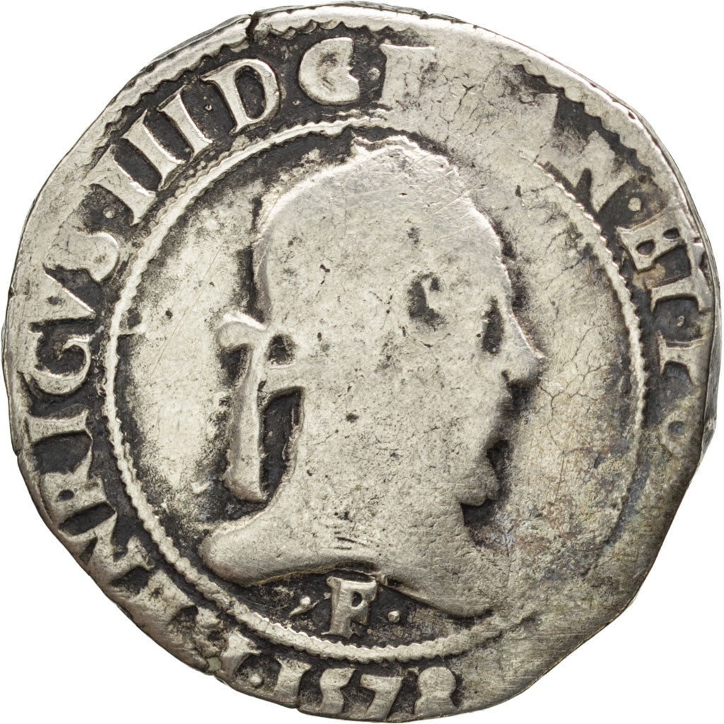 FRANCE, Franc au Col Plat, 1578, Angers, VF(20-25), Silver, Sombart #4714, 13.62