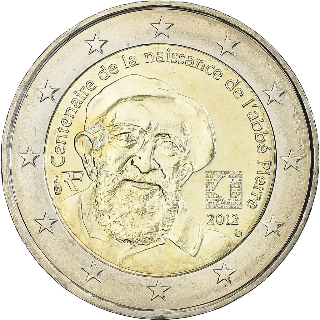 France, 2 Euro, abbé Pierre, 2012, Pessac, MS(63), Bi-Metallic, KM:1894