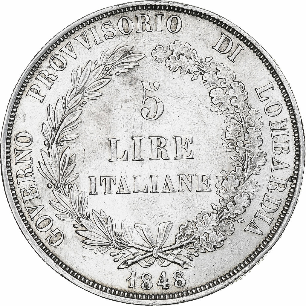 Italia, Royaume de Lombardie, 5 Lire, 1848, Milan, gouvernement provisoire, BB