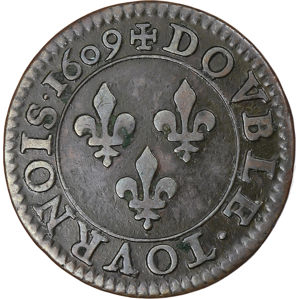Francia, Henri IV, Double Tournois, 1609, Paris, Rame, MB+, Gadoury:538, KM:16.1