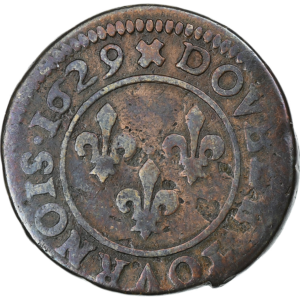Francia, Louis XIII, Double Tournois, 1629, Lyon, Cobre, MBC+, Gadoury:8