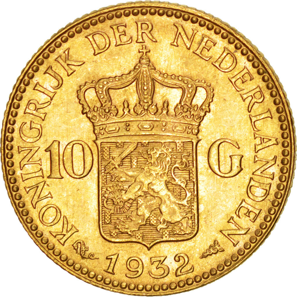NETHERLANDS, 10 Gulden, 1932, KM #162, AU(55-58), Gold, 22.5, 6.75