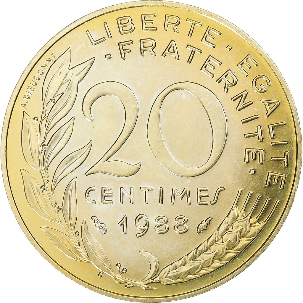 France, 20 Centimes, Marianne, 1988, Pessac, Aluminum-Bronze, MS(63), KM:930