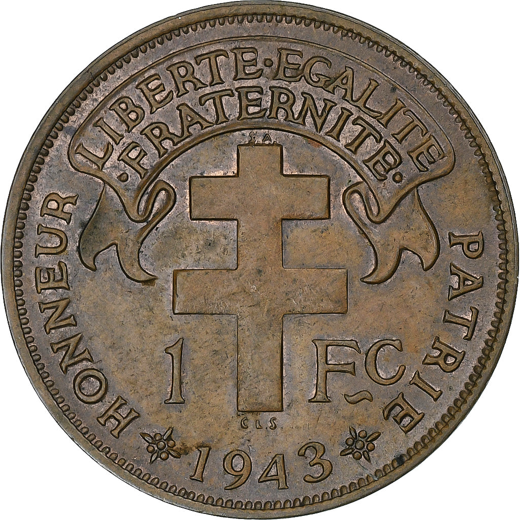 Madagascar, France libre, Franc, 1943, Pretoria, Bronze, SS, KM:2