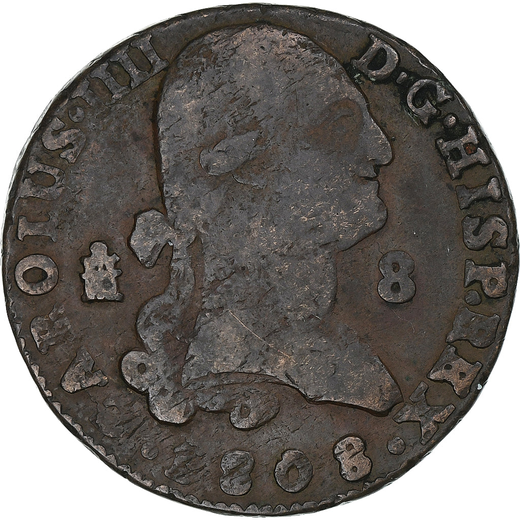 España, Carlos IV, 8 Maravedis, 1808, Segovia, Cobre, BC+, KM:428