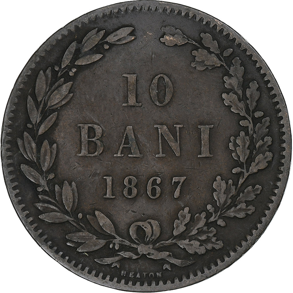 Rumunia, Carol I, 10 Bani, 1867, Heaton, Miedź, EF(40-45)
