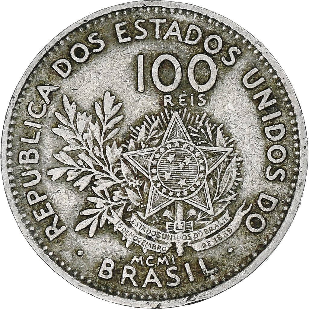 Brazil, 100 Reis, Liberté, 1901, Rio de Janeiro, Copper-nickel, VF(30-35)