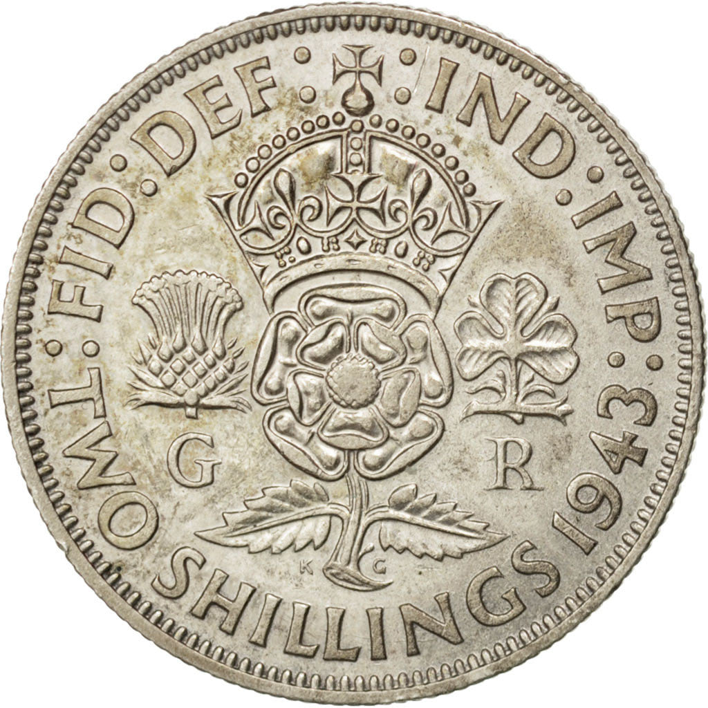 GREAT BRITAIN, Florin, Two Shillings, 1943, KM #855, AU(55-58), Silver, 28.3,...
