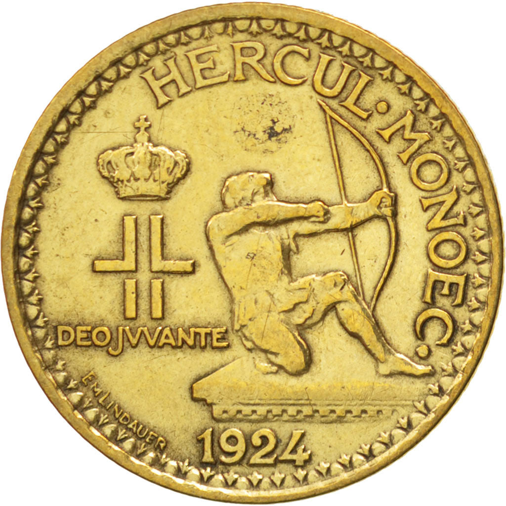 MONACO, Franc, 1924, Poissy, KM #111, EF(40-45), Aluminum-Bronze, Gadoury #127,.