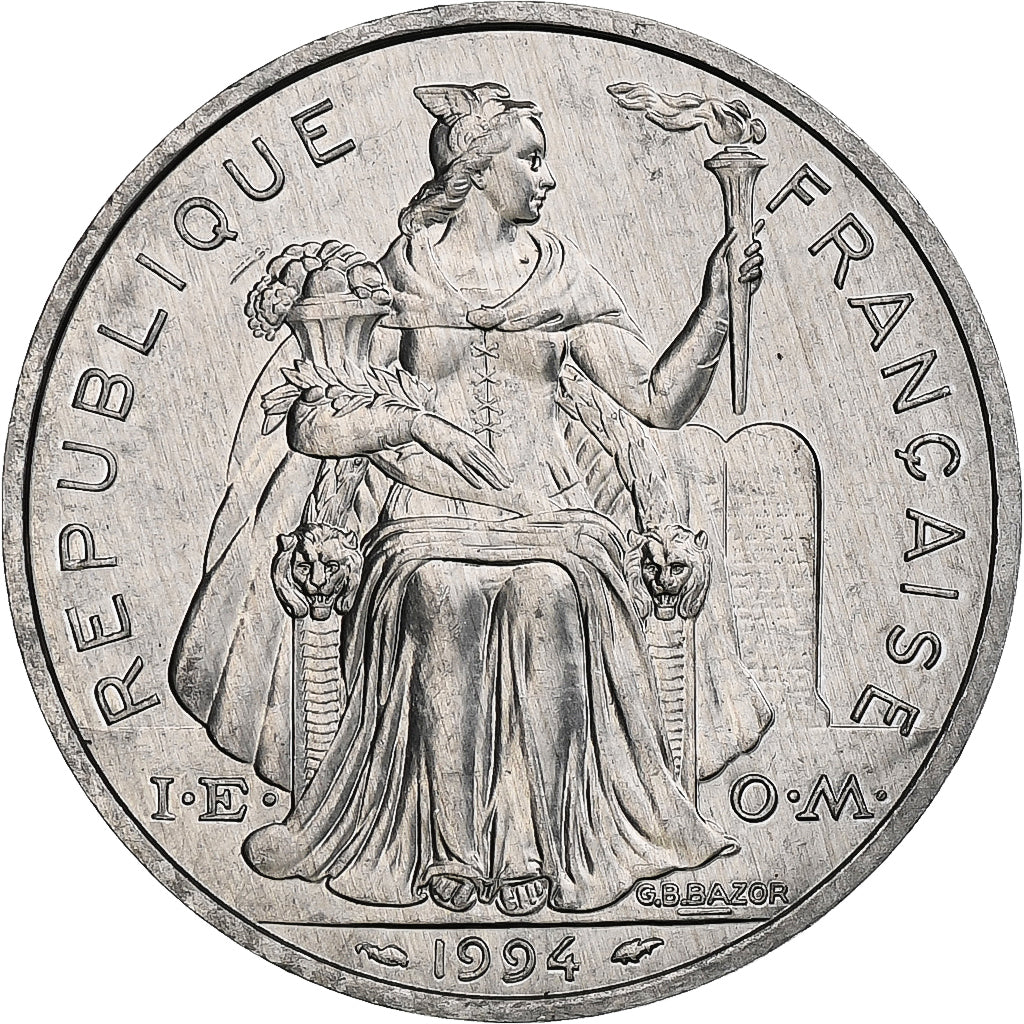French Polynesia, 5 Francs, 1994, Paris, I.E.O.M., Aluminum, MS(63), KM:12