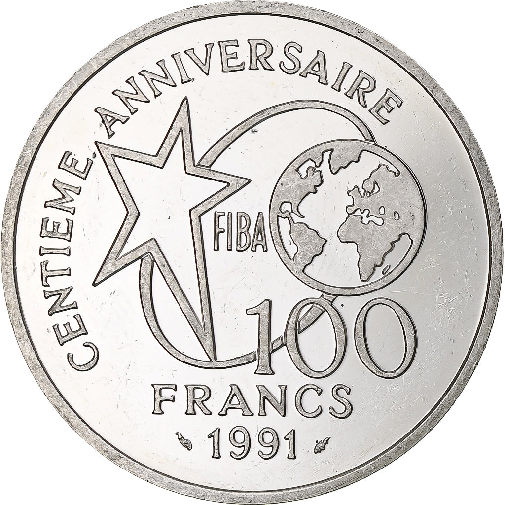 France, 100 Francs, Basket-ball, Dribbleur, 1991, Monnaie de Paris, BE, Silver