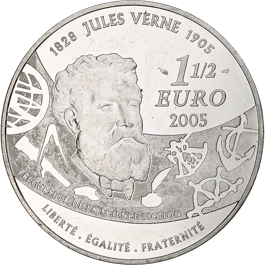 France, 1 1/2 Euro, Jules Verne, 2005, Monnaie de Paris, BE, MS(60-62), Silver