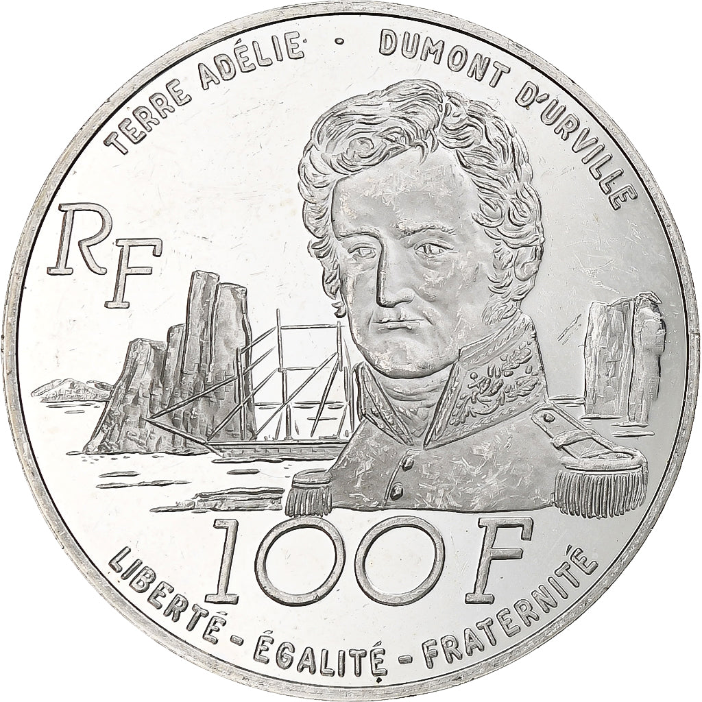 France, 100 Francs, Dumont D'Urville, 1992, Monnaie de Paris, BE, Silver