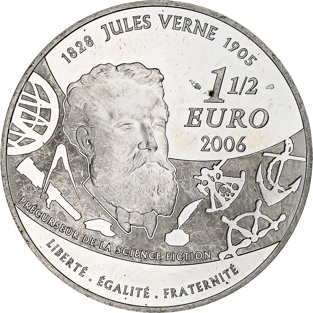 France, 1 1/2 Euro, Jules Verne, 2006, Monnaie de Paris, BE, MS(60-62), Silver