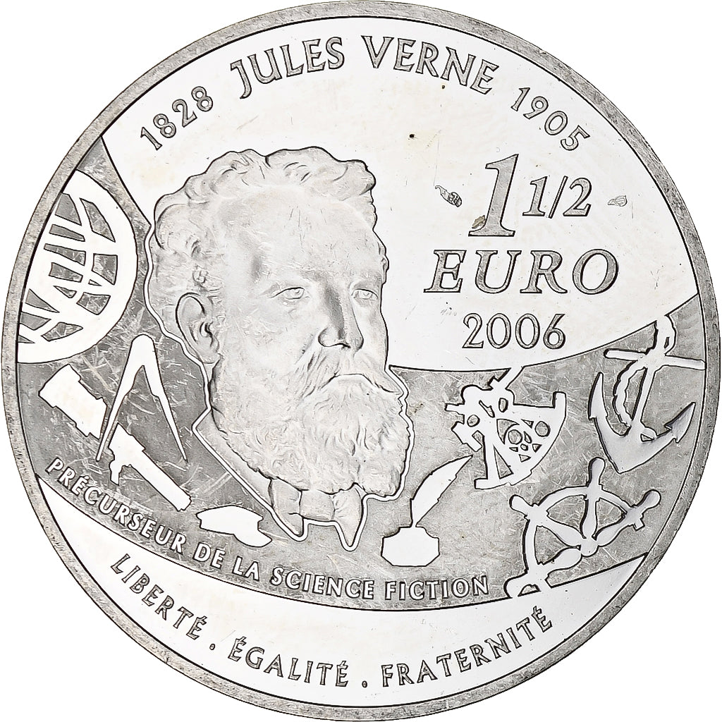 France, 1 1/2 Euro, Jules Verne, 2006, Monnaie de Paris, BE, MS(60-62), Silver