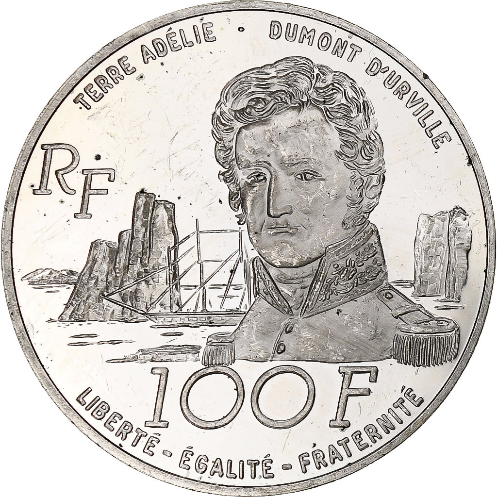 France, 100 Francs, Jules Dumont d'Urville, 1992, Monnaie de Paris, BE, Silver