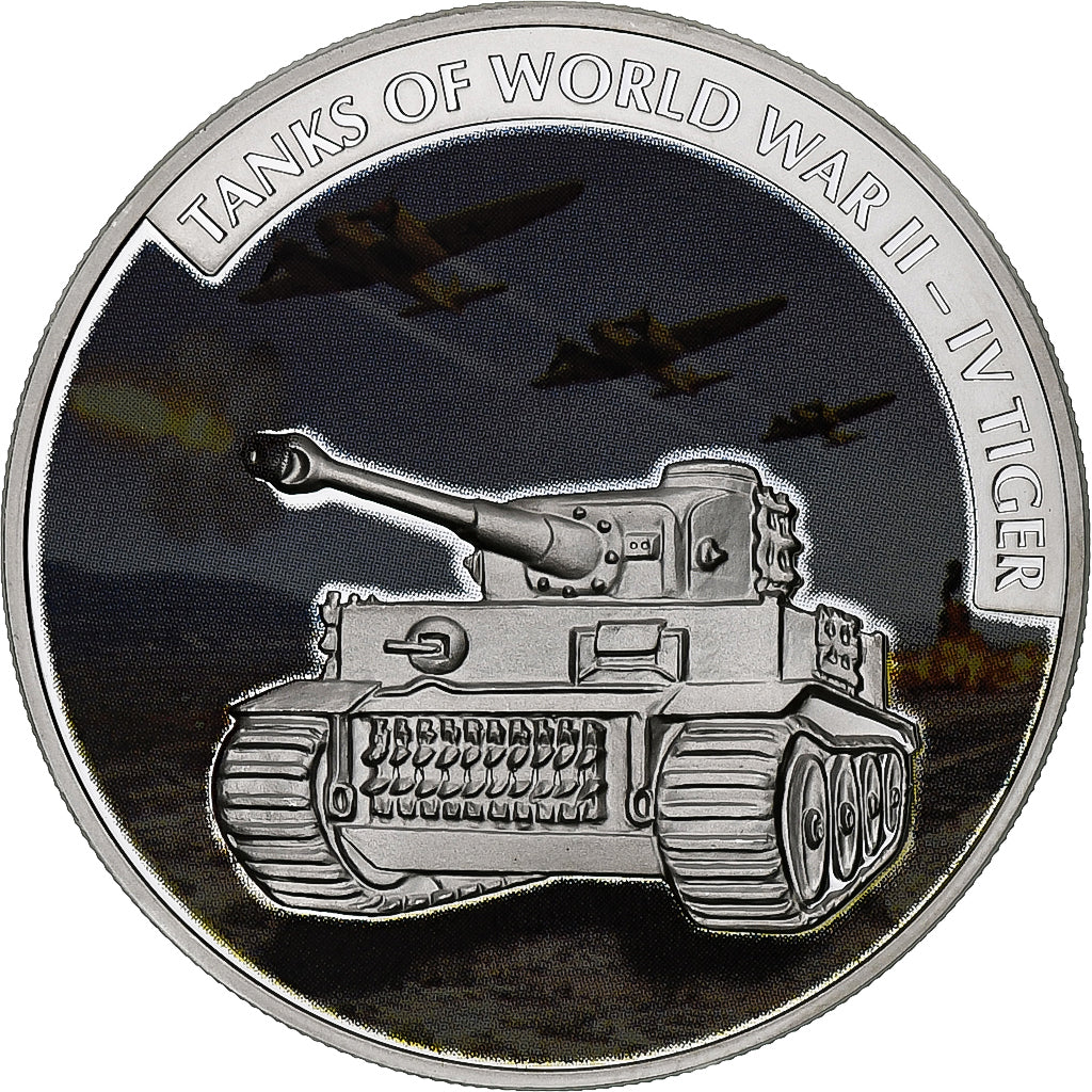 Liberia, 5 Dollars, Tanks of WWII, Tiger IV, 2008, Proof, Colorized, Silver