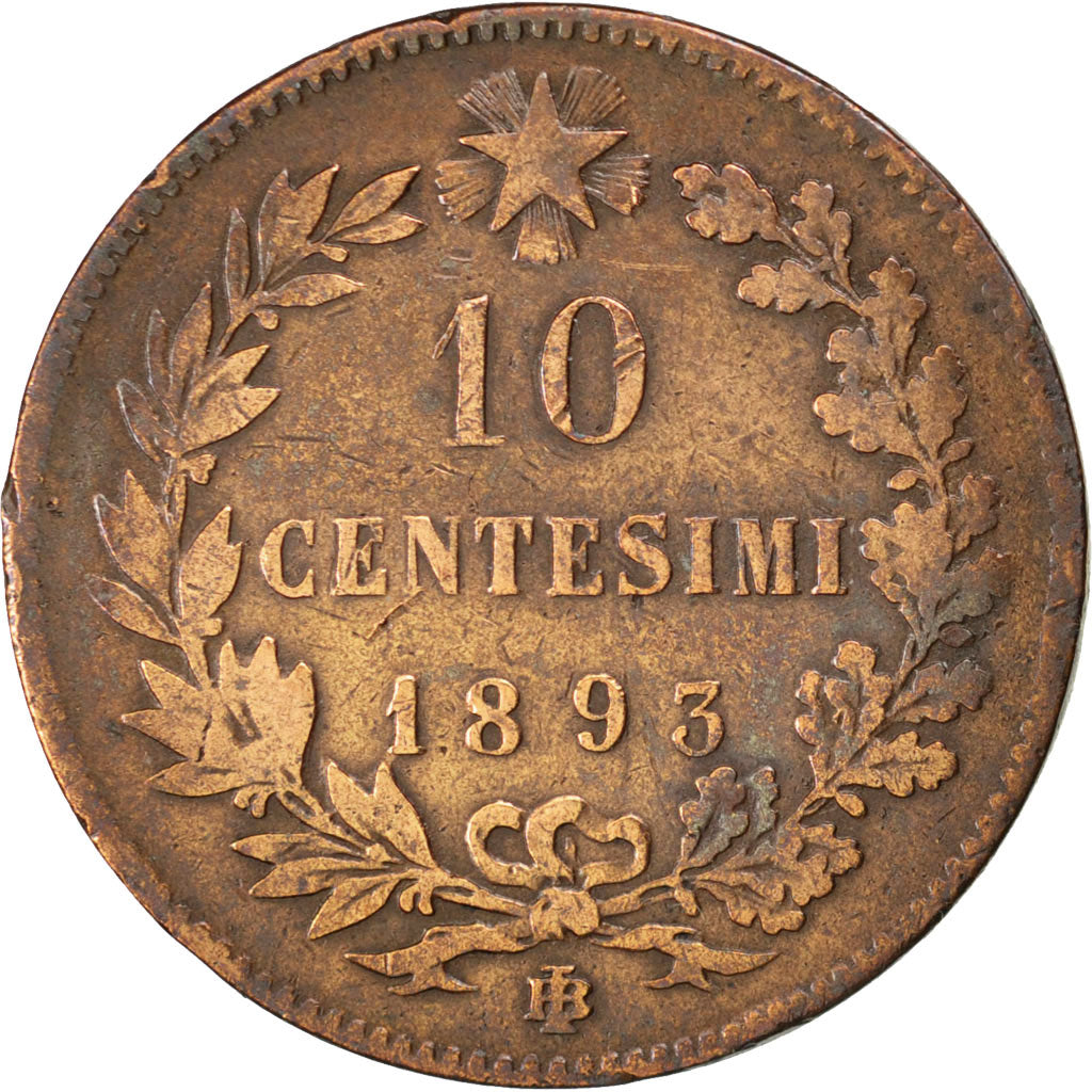 ITALY, 10 Centesimi, 1893, Birmingham, KM #27.1, VF(20-25), Copper, 9.69
