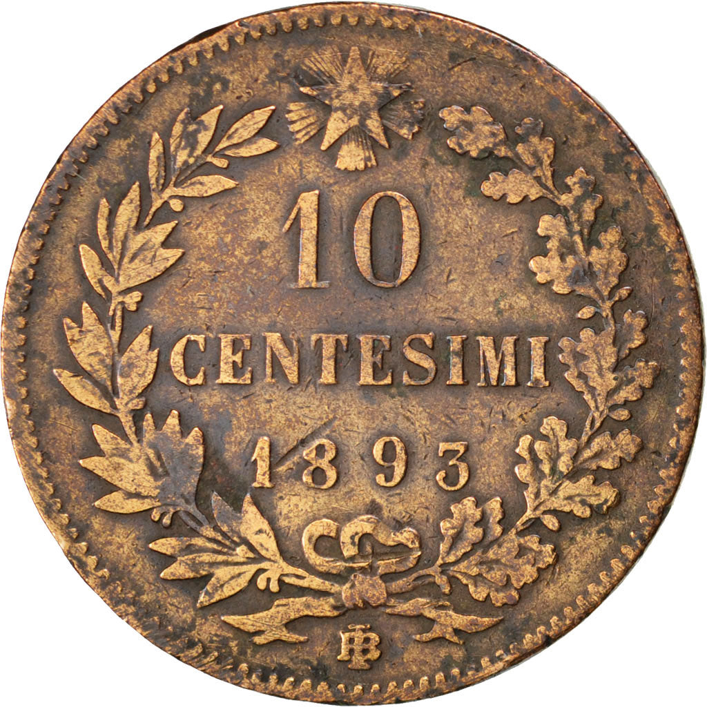 Coin, Italy, Umberto I, 10 Centesimi, 1893, Birmingham, VF(20-25), Copper