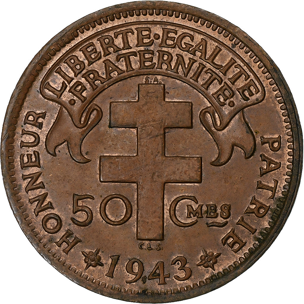 Madagascar, France libre, 50 Centimes, 1943, Pretoria, Bronze, TTB+, KM:1