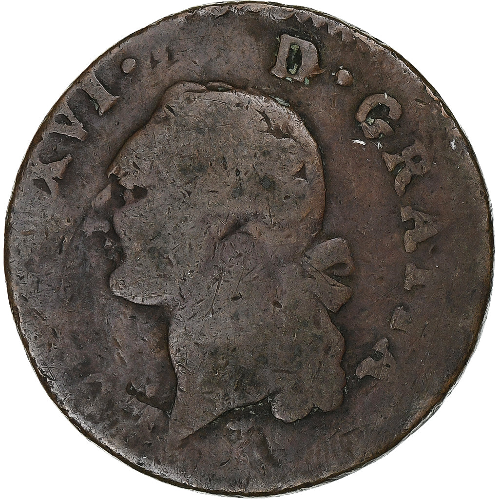 France, Louis XVI, Sol, 1790, Bordeaux, Copper, VF(20-25), Gadoury:350, KM:578.8