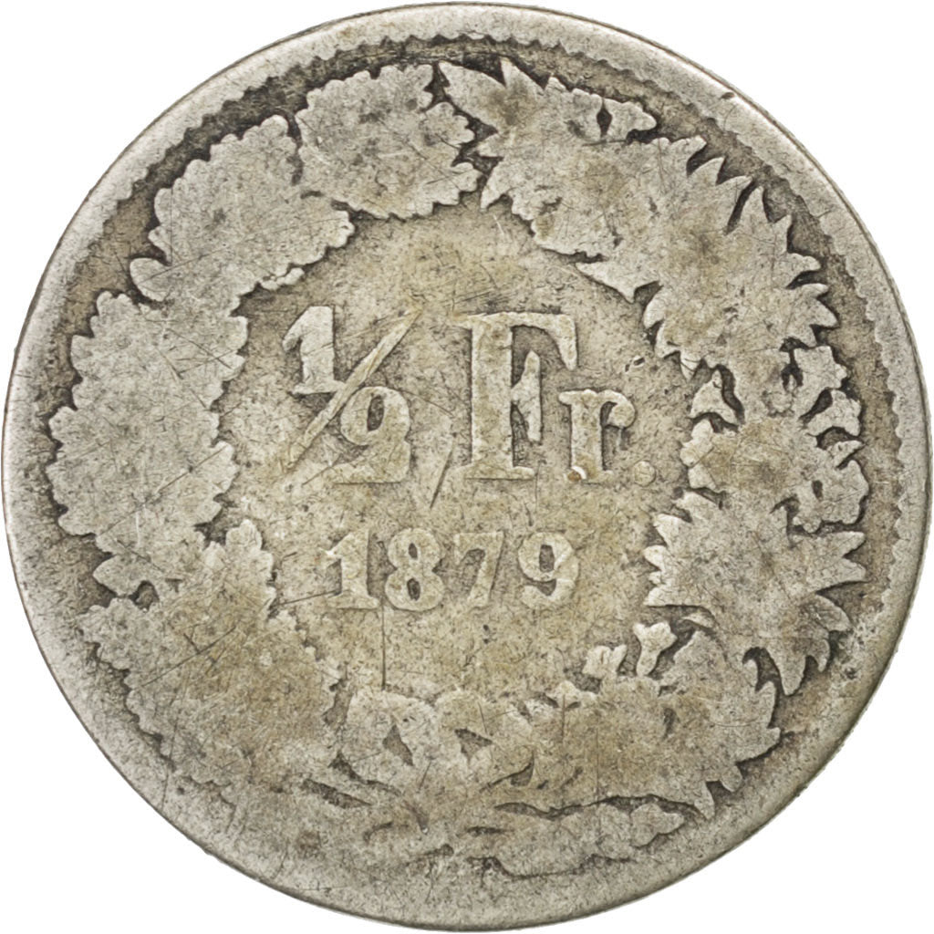 SWITZERLAND, 1/2 Franc, 1879, Bern, KM #23, VG(8-10), Silver, 18.2, 2.25
