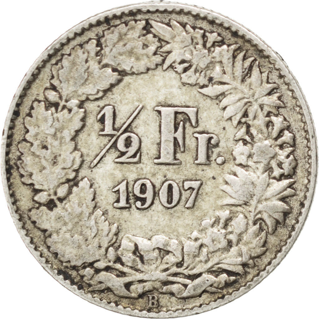 SWITZERLAND, 1/2 Franc, 1907, Bern, KM #23, EF(40-45), Silver, 18.2, 2.53