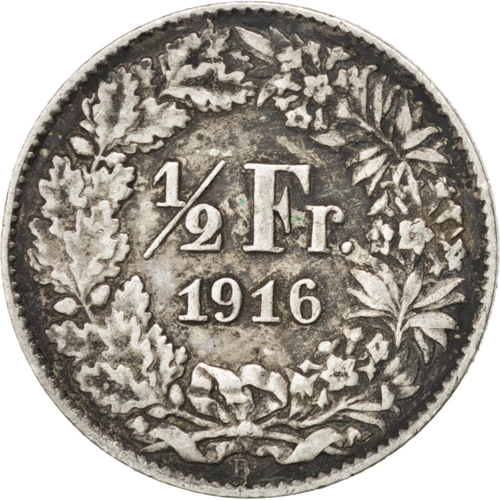 SWITZERLAND, 1/2 Franc, 1916, Bern, KM #23, EF(40-45), Silver, 18.2, 2.53